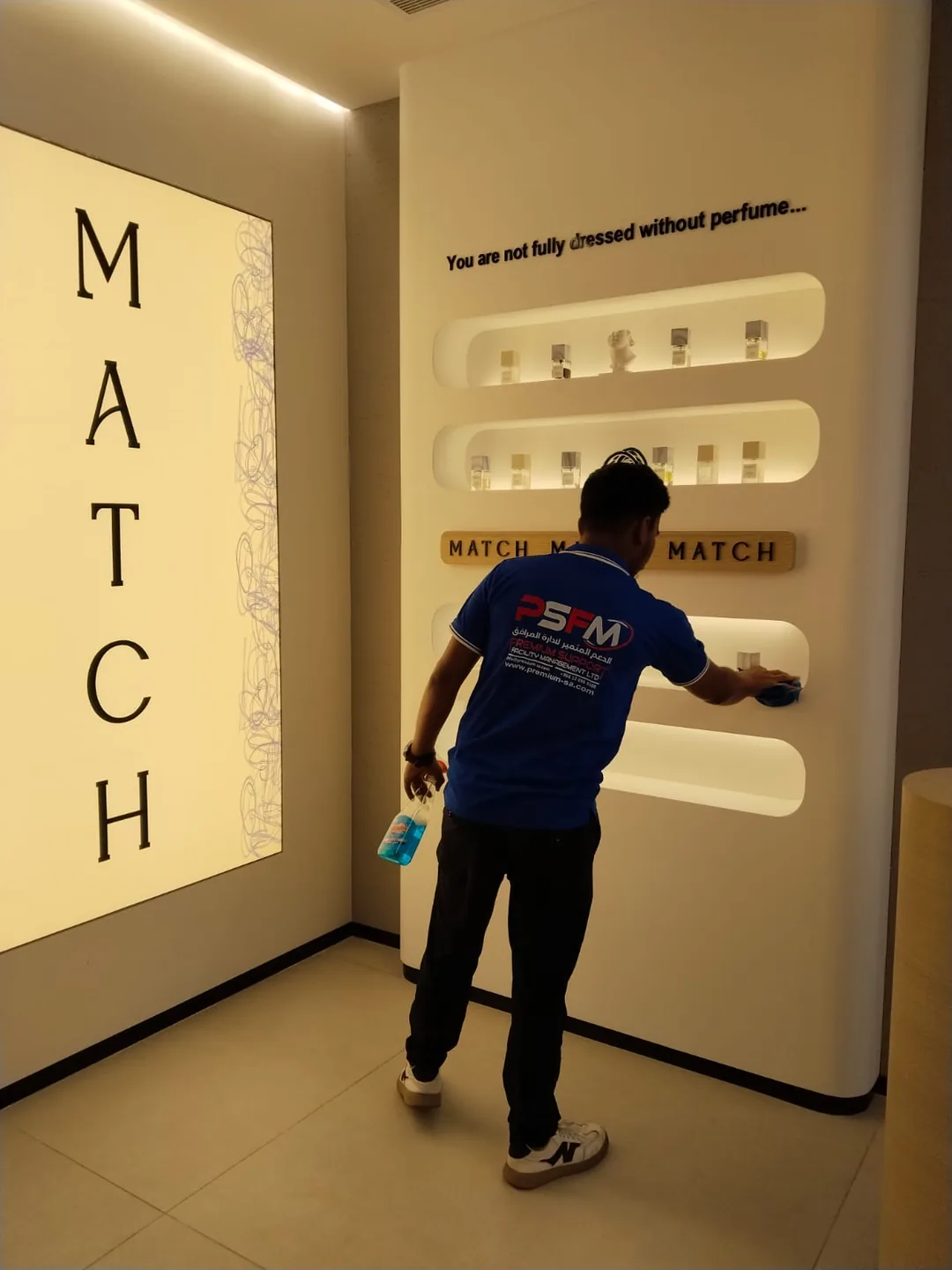 PSFM worker cleaning a retail display
