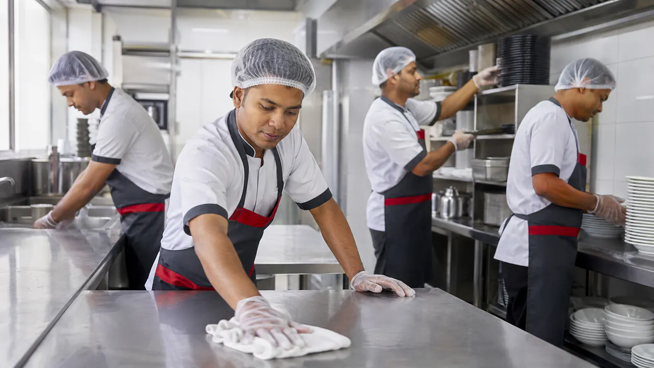 Illustrative Bangladeshi catering support team following hygienic preparation controls for Malaysia workforce planning