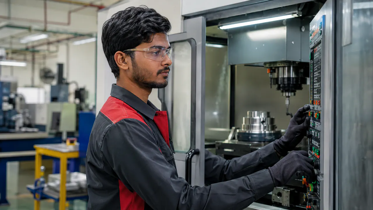 Illustrative Bangladeshi CNC operator reviewing machine controls for Malaysia workforce planning