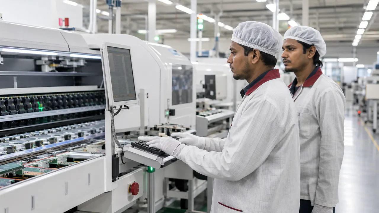 Illustrative Bangladeshi manufacturing operators at an electronics production line
