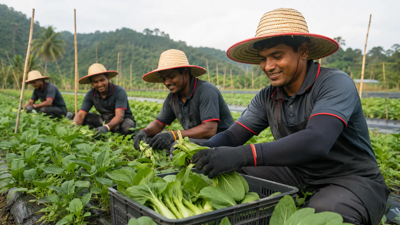 Illustrative Bangladeshi agriculture team handling fresh produce for Malaysia workforce planning