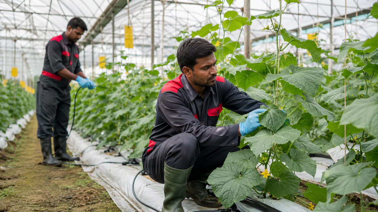 Illustrative Bangladeshi greenhouse team tending crops under controlled Malaysia work instructions