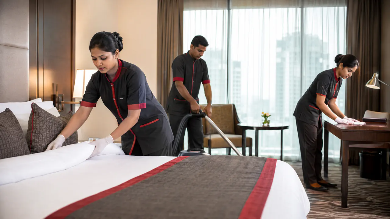 Illustrative Bangladeshi housekeeping team preparing a hotel room for a Malaysia employer assessment