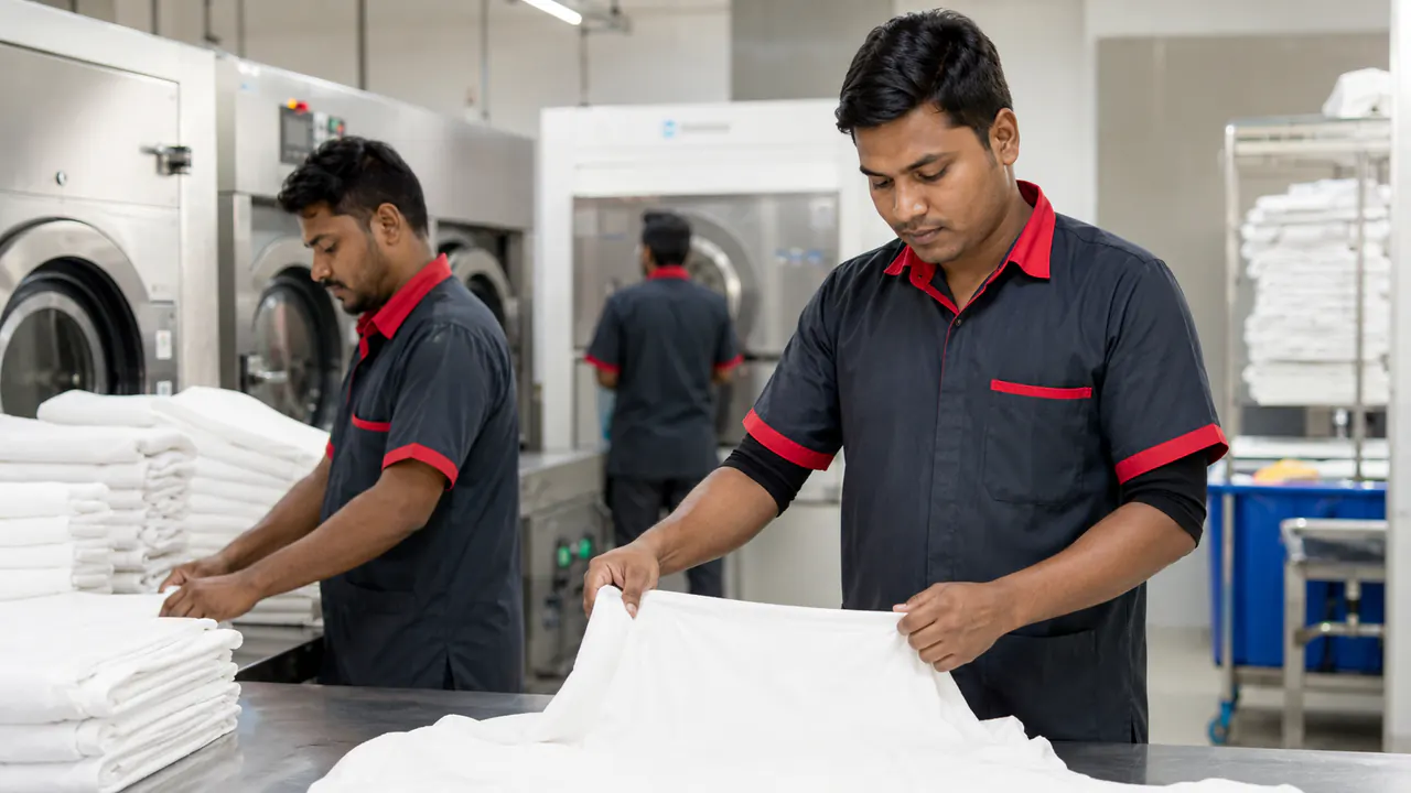 Illustrative Bangladeshi commercial laundry team sorting finished linen for Malaysia workforce planning