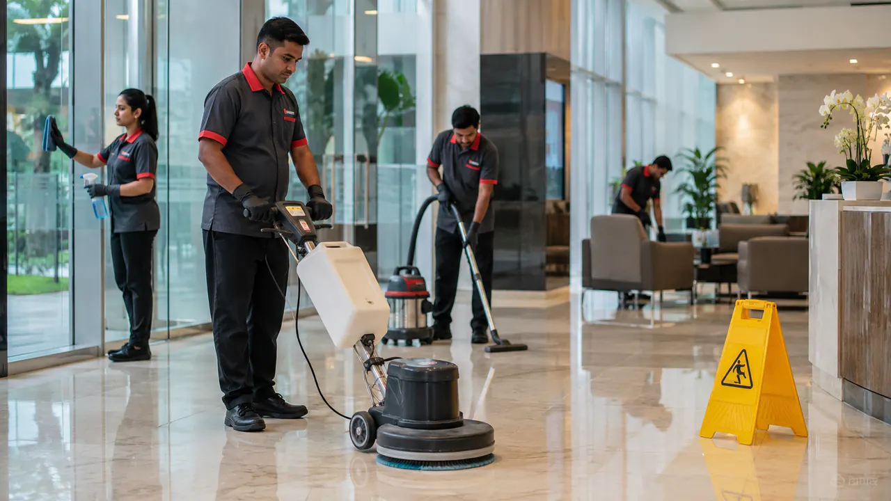 Illustrative Bangladeshi service-sector team in a Malaysian facility setting