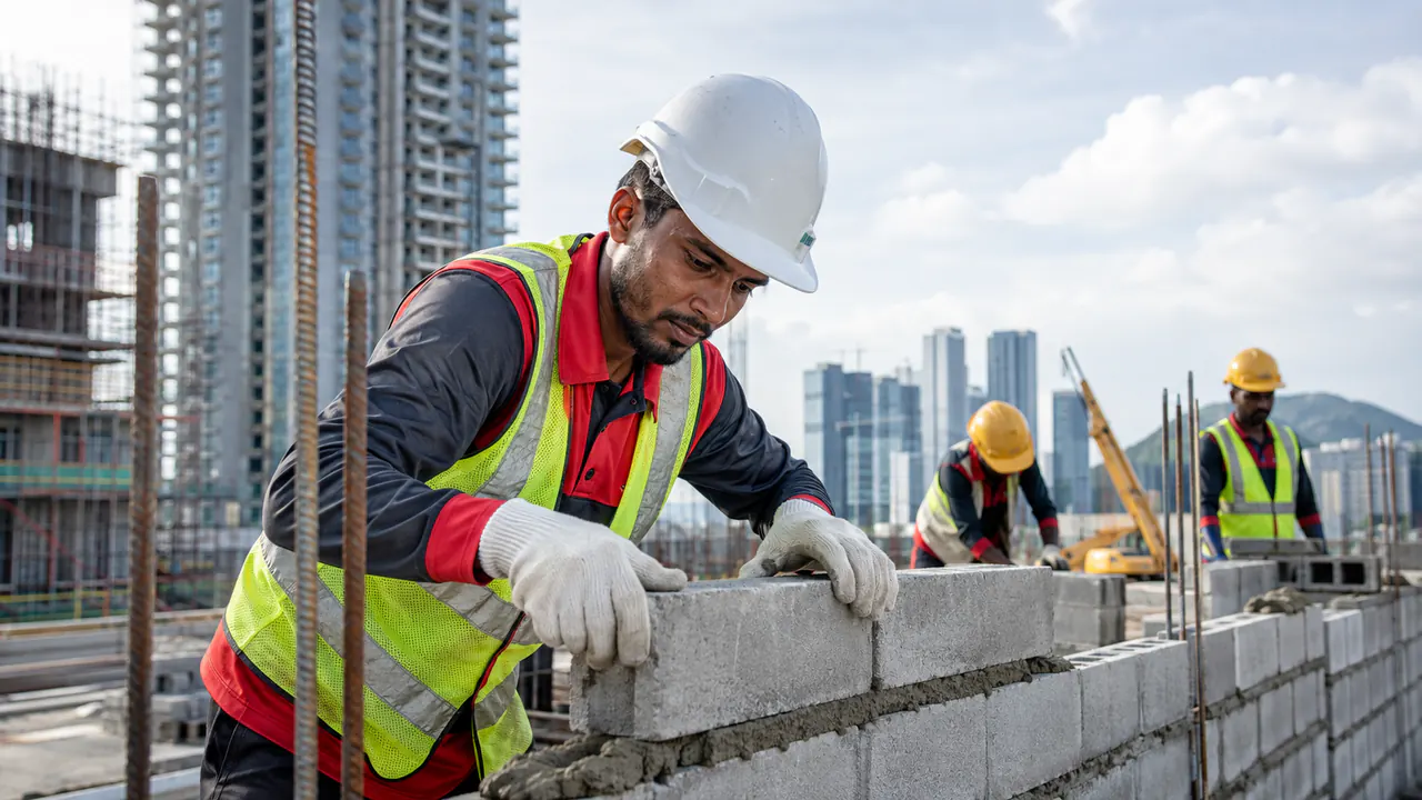Illustrative Bangladeshi mason demonstrating blockwork for a Malaysia construction assessment