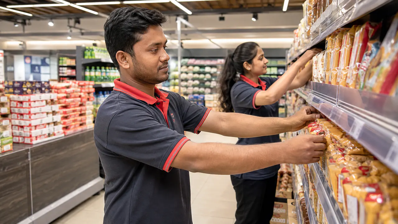 Illustrative Bangladeshi retail support team organising shelves for Malaysia workforce planning