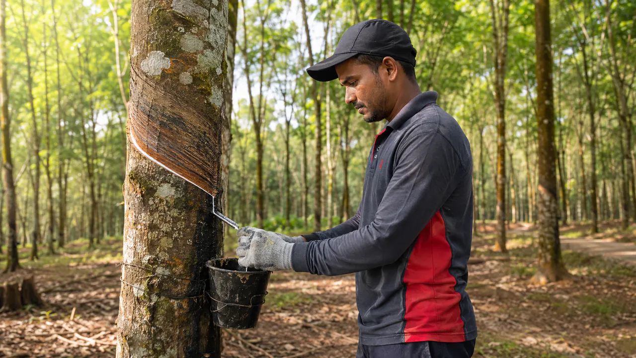 Illustrative Bangladeshi plantation worker demonstrating rubber-tapping quality controls