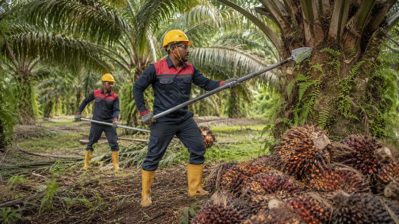Illustrative Bangladeshi plantation team following oil-palm harvesting safety controls