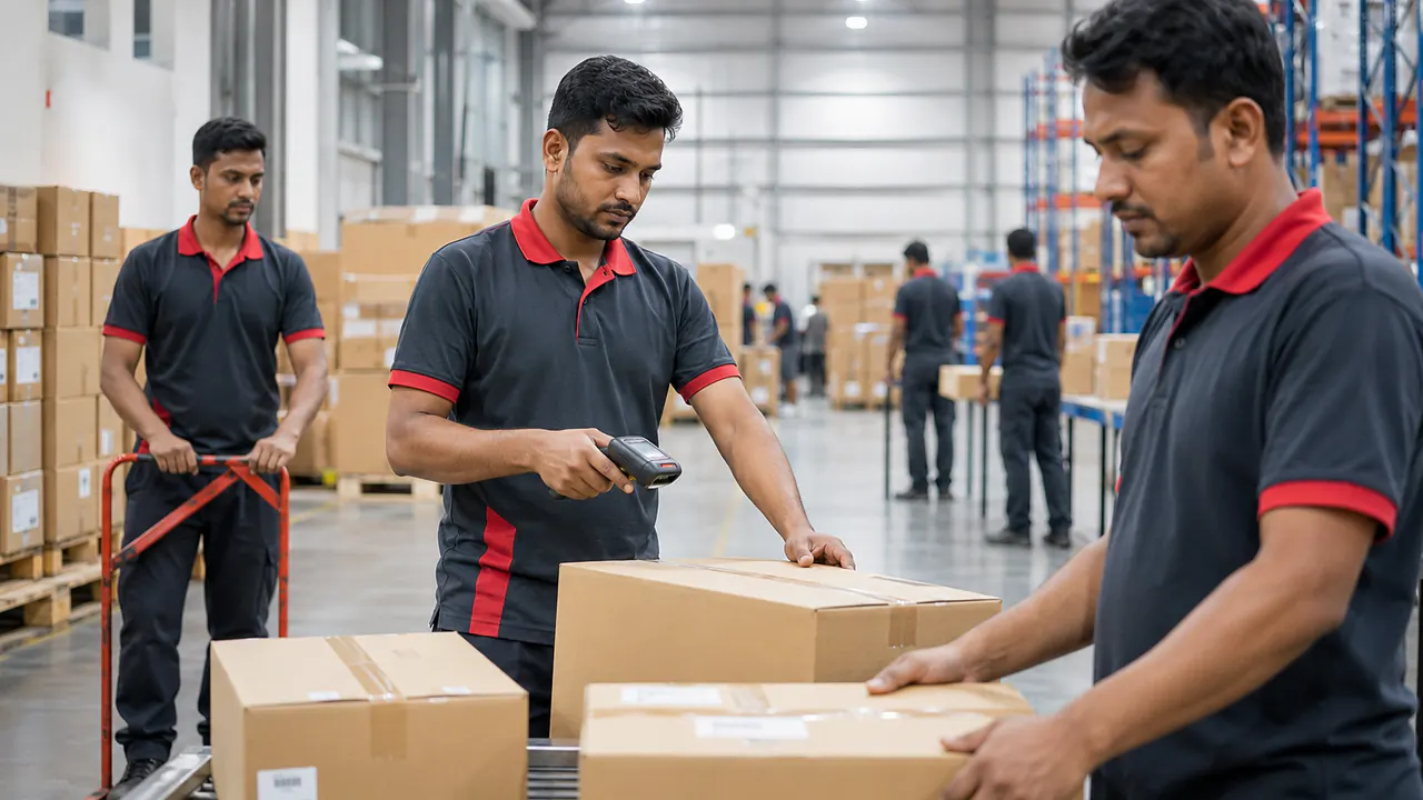 Illustrative Bangladeshi warehouse team reviewing material-handling tasks for a Malaysia employer