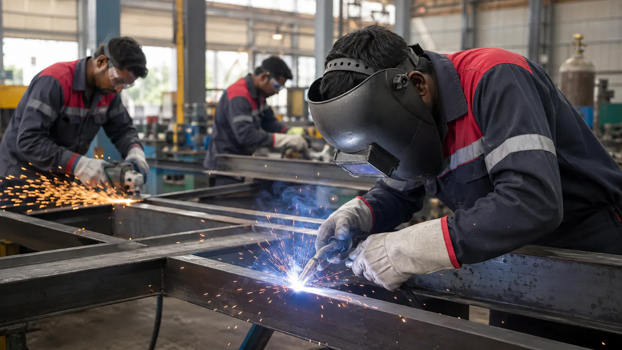 Illustrative Bangladeshi welders completing a controlled workshop assessment for a Malaysia employer