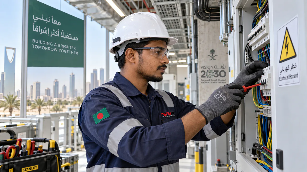 Illustrative Bangladeshi electrician completing a controlled panel task for Saudi employer assessment planning
