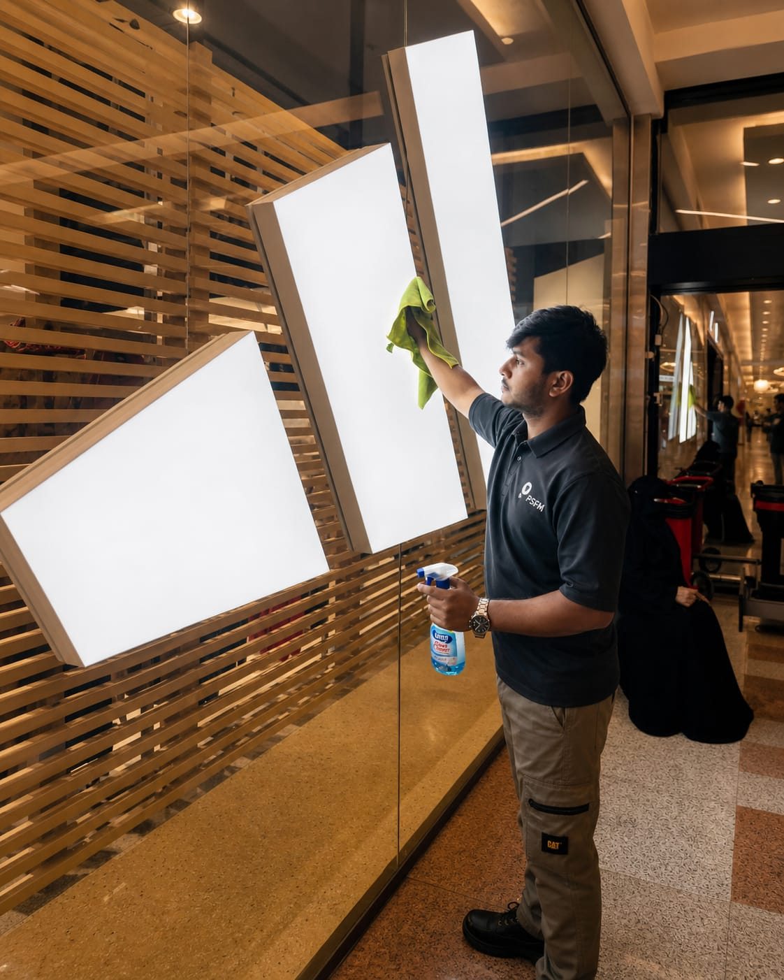 PSFM staff cleaning retail lightbox displays