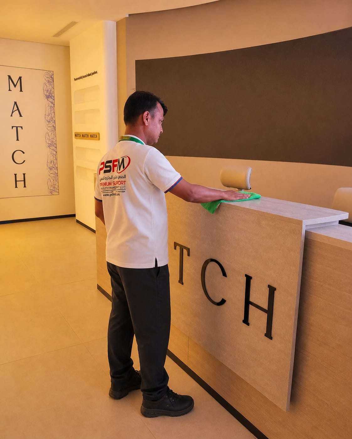 PSFM staff cleaning a hospitality reception counter