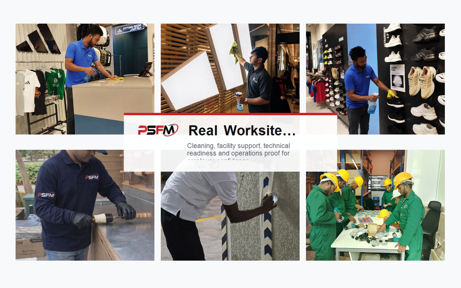 PSFM service capability board with real worksite photos